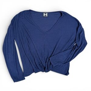 Anthropologie H by Bordeaux Ribbed Twist Front Long Sleeve Top Navy